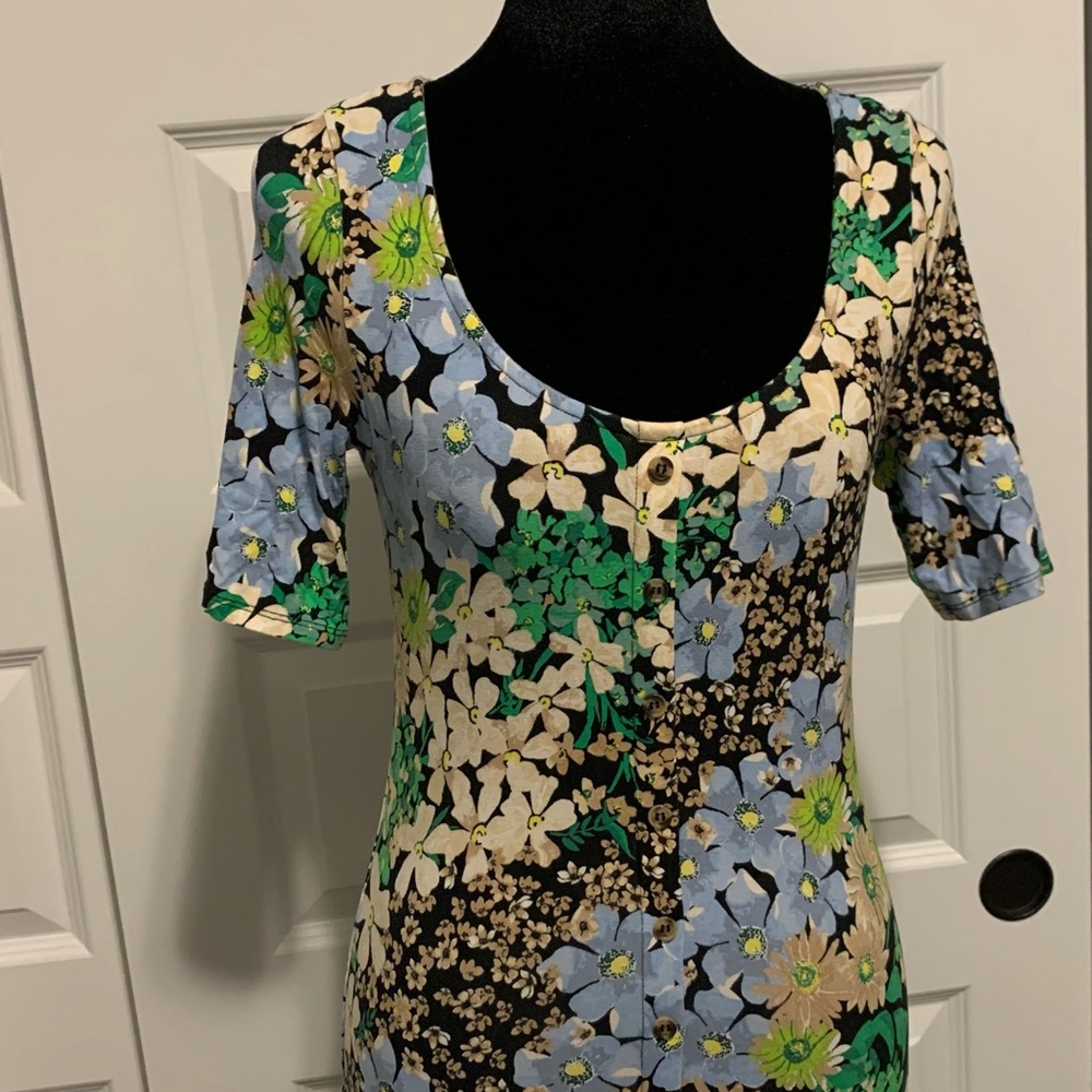 H&M Black Floral Scoop Neck Top with Blue and Green Flowers